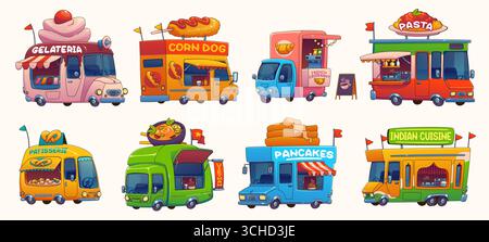 Macchine per camion di cibo cartoni animati, furgoni di strada per il festival di gelateria, pasticceria con croissant, ristoranti di cucina italiana e indiana. Furgoni fast food Vector, furgoni per cani e pancake Illustrazione Vettoriale