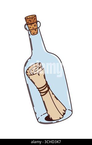 Cartoni animati pirata e corsaro simbolo del messaggio in bottiglia, avventura vettoriale caraibica. Messaggio in bottiglia o rotolo di pergamena e lettera di avviso in carta per la navigazione marittima o la caccia ai pirati e ai corsari Illustrazione Vettoriale