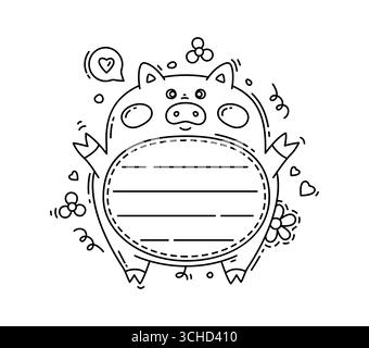 Cornici per appunti per bambini con simpatico animale maialino con righe vuote per i messaggi. Adorabile maiale vettoriale delineato in nero, con cuori, fiori e una bolla con un simbolo d'amore Illustrazione Vettoriale