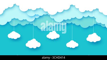 Azure Sky Cloud taglia lo sfondo vettoriale orizzontale con carta. Striscione a forma di carta blu con bordo 3d di morbidi strati bianchi ondulati e nuvole tagliate in carta appese, temi naturali, meteorologici ed ecologici Illustrazione Vettoriale