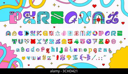 Lettere font Y2K, tipo geometrico moderno e brutale. Alfabeto vettoriale inglese con caratteri abc audaci, decorativi, colorati e giocosi, numeri e simboli che incarnano l'estetica del brutalismo retrò-moderno Illustrazione Vettoriale