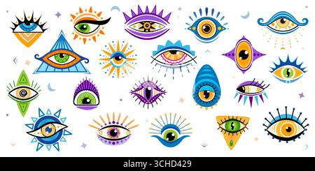 Occhi magici o occulti esoterici per la stregoneria occulta e icone vettoriali oracle providence. Cartoni animati occhi magici o occhi malvagi con ciglia per astrologia, tarocchi esoterici o sacri segni occulti Illustrazione Vettoriale
