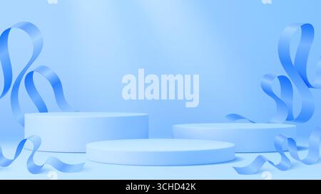 Palcoscenico blu con nastri. scenografie circolari vettoriali 3d realistiche con elementi a nastro fluenti. Piattaforme di sfondo pulite e moderne per esposizioni di prodotti, celebrazioni e presentazioni di branding Illustrazione Vettoriale