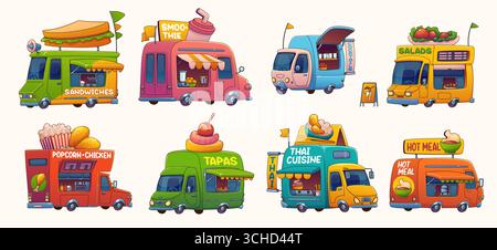 Vagoni per il food truck, furgoni per il festival dei cartoni animati con panini, insalate e pasti caldi. Negozi vettoriali su ruote e ristoranti con cocktail, tapas, frullati e piatti della cucina tailandese Illustrazione Vettoriale