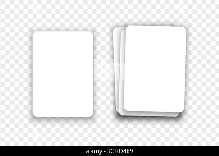 Carta da gioco bianca vuota e mazzo di carte nella vista dall'alto. Modelli di Playcard isolati su sfondo trasparente. Concetto di gioco di poker. Buoni sconto vuoti per buoni regalo. Illustrazione realistica vettoriale. Illustrazione Vettoriale