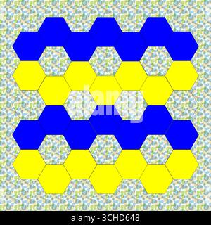 Schema piastrelle esagonali. Esagoni gialli blu. Superficie griglia a nido d'ape. Forme di sfondo geometriche. Illustrazione Vettoriale