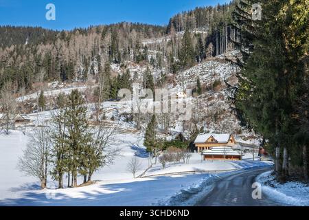 Gli chalet e le case coloniche innevate si trovano lungo una strada curvilinea in una valle alpina slovena. L'architettura in legno, i tetti luminosi e le bancarelle di conifere montano Foto Stock