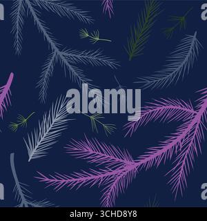 Un motivo vivace caratterizzato da una serie di foglie stilizzate in tonalità rosa, verde e blu brillante su uno sfondo scuro. Pattern vettoriale senza giunture. Illustrazione Vettoriale