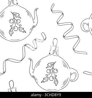 Un affascinante e delizioso schizzo di teiere a tema vacanza adornate con foglie di agrifoglio e nastri festivi. Pattern vettoriale senza giunture. Illustrazione Vettoriale