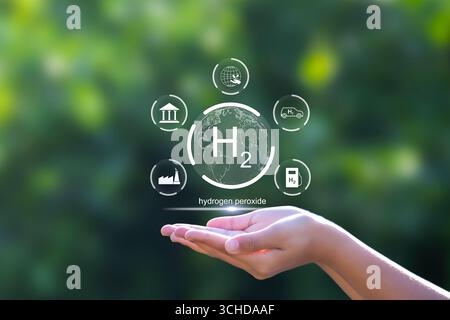 Concetto di energia a idrogeno pulito e H2 per un ambiente sostenibile. Industria ecocompatibile e clima.energia alternativa in futuro per zero netto Foto Stock
