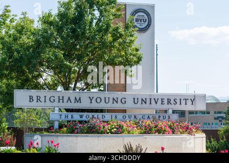 Provo, Utah, USA – 1 settembre 2025: Ingresso al campus della Brigham Young University. Foto Stock