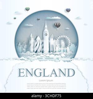 Visita il monumento dell'Inghilterra con l'antico edificio moderno della città sullo sfondo circolare. Tour di lavoro per poster e cartolina. Viaggia per i luoghi di interesse dell'europa A. Illustrazione Vettoriale