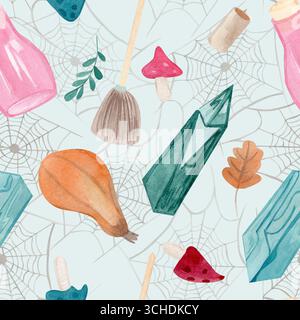 Acquerello disegnato a mano con motivo Halloween senza cuciture, con cristallo, scopa, funghi, zucche, candele e ragnatele sfondo blu. Per la stagione Foto Stock