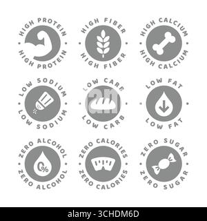 Etichette ad alto contenuto di calcio, fibre e proteine. Set di etichette vettoriali a basso contenuto calorico, zero zucchero e basso contenuto di sodio. Illustrazione Vettoriale
