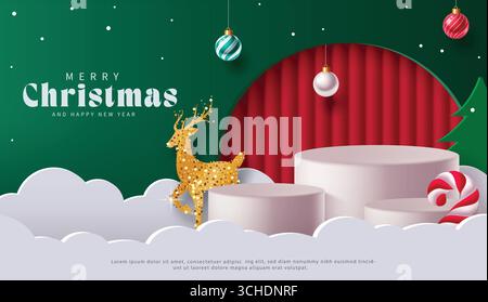 Clipart di saluto natalizio con renne scintillanti, ornamenti sospesi e scena di vacanze innevate Illustrazione Vettoriale