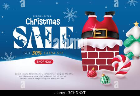 Saldi natalizi Clipart con Babbo Natale bloccato a Chimney, ornamenti e banner di sconti natalizi Illustrazione Vettoriale