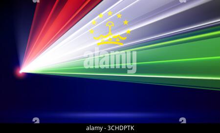 Bandiera laser del tagikistan. Visualizzazione laser su sfondo blu scuro. Bandiera patriottica nazionale tagika. Modello multicolore di banner, poster festività nazionale Illustrazione Vettoriale
