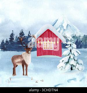 Paesaggio invernale con montagne innevate, pini, capanna rossa, renne, luci natalizie. Illustrazione in acquerello ideale per le carte vacanza, l'inverno Foto Stock