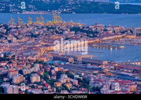 Veduta aerea delle case, del porticciolo e delle gru del porto d'oltremare di Trieste, illuminate di notte. Foto Stock