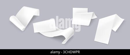 Fogli di carta per ricevute vuoti con bordi curvi e piegati che fluttuano su sfondo grigio per i documenti finanziari. Modelli di fattura bianchi in varie posizioni per modelli di contabilità o di pagamento. Illustrazione Vettoriale