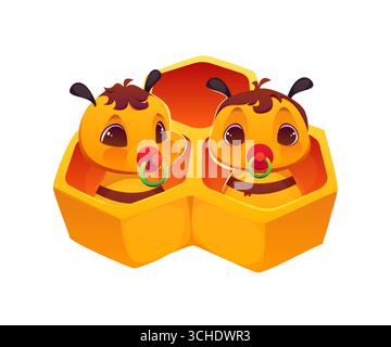 Personaggi dei cartoni animati delle api del miele con succhietti seduti in celle a nido d'ape. Api Vector cute neonato, insetto apiare con grandi occhi, piccole antenne e capelli castani, personaggi per l'apicoltura o l'infanzia Illustrazione Vettoriale