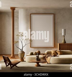 Le tonalità calde e i mobili minimalisti definiscono questo salotto interno scandinavo, combinando texture naturali con eleganza senza tempo. Illustrazione 3D. Foto Stock