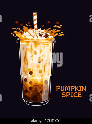 Bicchiere da tè a bolle di latte cartoni animati e un brillante spruzzo di sapore di zucca, bevanda vettoriale da dessert. Tazza da tè con latte bollente con cannuccia da bere e spruzzo di panna di zucca con gusto alla cannella per il menu delle bevande Illustrazione Vettoriale