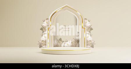 Podio Ramadan con arco dorato e fiori bianchi per celebrazioni islamiche. Plateau color crema con eleganti decorazioni floreali. Espositore di lusso per prodotti festivi o presentazioni religiose. Illustrazione Vettoriale