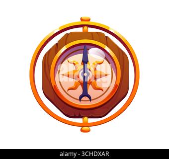 Icona cartoni animati della bussola dei pirati marini. Antico elemento di navigazione vettoriale isolato con simboli nautici e rosa del vento con indicazioni e frecce. Strumento da capitano d'epoca per viaggi marittimi e giochi d'avventura Illustrazione Vettoriale