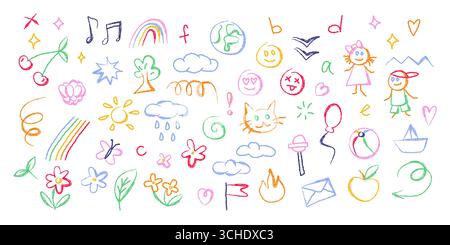 La scuola per bambini si riempie di arcobaleno e fiori colorati, cuori e stelle, nuvole e animali per creare disegni divertenti. Disegni per bambini farfalla e frutta per decorazioni in classe, materiali educativi Illustrazione Vettoriale