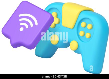 Gamepad wireless blu e bolla di chat viola con simbolo Wi-Fi per giochi, streaming, web design, interfaccia utente e tecnologia. icona 3d ill vettore realistico Illustrazione Vettoriale