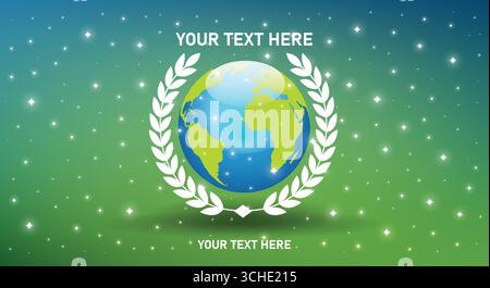 Illustrazione vettoriale del pianeta Terra circondato da una corona bianca di alloro con stelle scintillanti, che simboleggia pace, unità, realizzazione, sostenibilità Illustrazione Vettoriale
