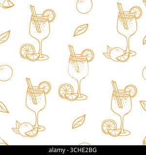 Cocktail senza cuciture. Aperol Spritz e frutta d'arancia. Illustrazione disegnata a mano in stile doodle di colore arancione. Per stampe su carta e tessuti, bar Illustrazione Vettoriale