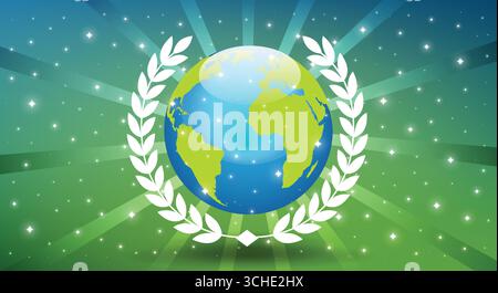 Pianeta Terra circondato da una corona bianca di alloro, simbolo della vittoria, dell'unità, della pace e della consapevolezza ambientale. E' ideale per la giornata della Terra, l'ecologia Illustrazione Vettoriale