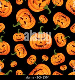 Toppa di zucca di Halloween su illustrazione vettoriale con motivo senza cuciture nero Illustrazione Vettoriale