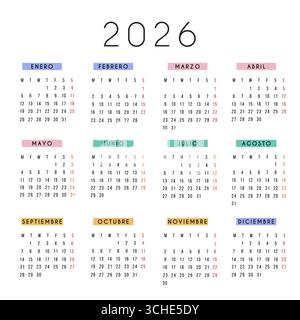 calendario 2026 in moderno design quadrato con intestazioni mensili colorate. Tipografia minima e layout pulito per la pianificazione e la pianificazione. Stampabile annualmente Illustrazione Vettoriale