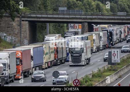 Ingorgo stradale sull'autostrada A1, tra lo svincolo Dortmund-Unna, A1 A44, e lo svincolo Kamener Kreuz, A1 A2, camion bloccati nella corsia di sinistra, lo Foto Stock
