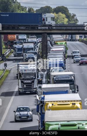 Ingorgo stradale sull'autostrada A1, tra lo svincolo Dortmund-Unna, A1 A44, e lo svincolo Kamener Kreuz, A1 A2, camion bloccati nella corsia di sinistra, lo Foto Stock