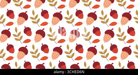 Accogliente motivo autunnale con ghiande e ramoscelli. Stagione autunnale sullo sfondo della foresta. Stampa estetica autunnale naturale, grafica vettoriale Illustrazione Vettoriale