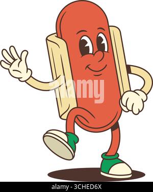Allegra mascotte hot dog in movimento con braccio lungo e cappuccio verde, per condividere energia. Perfetto per promozioni informali, saluti al ristorante o piatti Illustrazione Vettoriale