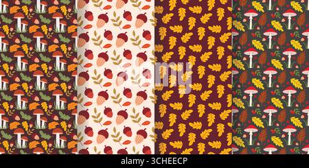 Collezione di motivi senza cuciture della foresta autunnale. Sfondi estetici per la stagione autunnale. Stampa con fogliame, frutti di bosco, ghiande e funghi, vettoriale Illustrazione Vettoriale