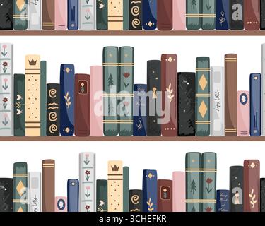 Cartoni animati in piedi con motivo senza cuciture per libri vintage. Sfondo librerie. Illustrazione vettoriale. Illustrazione Vettoriale