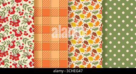 Accogliente collezione di motivi autunnali senza cuciture. Sfondi estetici per la stagione autunnale. Stampa con fogliame, frutti di bosco, quadri a scacchi e punteggiati, vettoriali Illustrazione Vettoriale