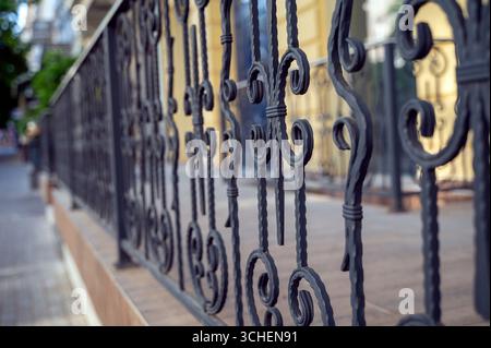Immagine di una bella recinzione decorativa in ghisa con forgiatura artistica Foto Stock