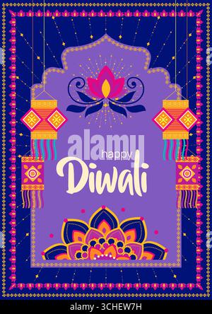 Illustrazione Diwali del telaio delle Lanterne Lotus Illustrazione Vettoriale