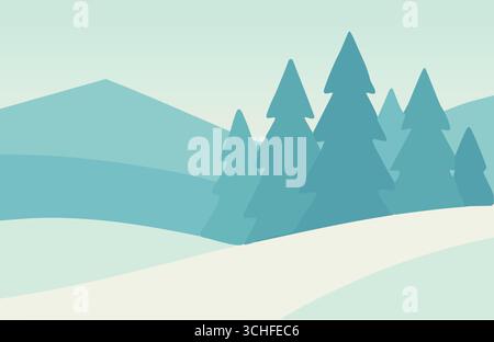 Le dolci colline boscose svaniscono in lontananza mentre i sempreverdi punteggiano il terreno innevato sotto un cielo invernale calmo. Illustrazione Vettoriale