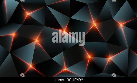 Sfondo poly basso scuro. Sfondo geometrico in metallo astratto, triangolo. Concetto di pericolo, lava, carbone in fiamme. Luce brillante, bordi brillanti. Illustrazione Vettoriale