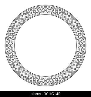 Modello a maglia celtico, motivo treccia, cornice circolare in stile retrò. Bordo decorativo con linee sovrapposte e trasversali che formano una trama intrecciata. Foto Stock