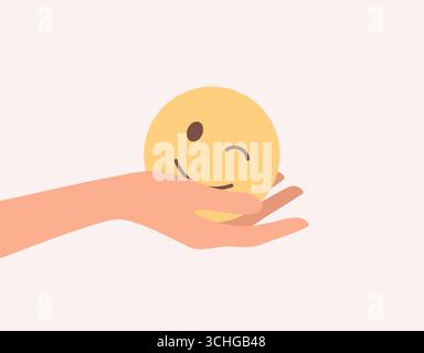 Mano che tiene l'emoji giallo sul palmo. Illustrazione vettoriale piatta Illustrazione Vettoriale