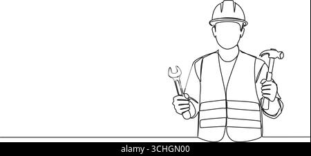 disegno continuo a linea singola di un operaio edile che tiene gli utensili in entrambe le mani, illustrazione vettoriale line art Illustrazione Vettoriale